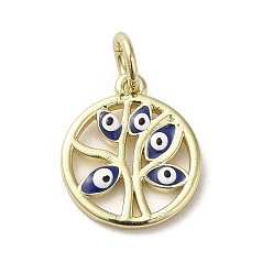 Midnight Blue Brass Enamel Charms, with Jump Ring, Real 18K Gold Plated, Flat Round with Tree & Evil Eye Charm, Midnight Blue, 15x13.5x1.4mm, Hole: 3.6mm