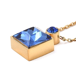 Royal Blue Glass Square Pendant Necklace, Real 18K Gold Plated 304 Stainless Steel Necklace, Royal Blue, 18.43 inch(46.8cm)