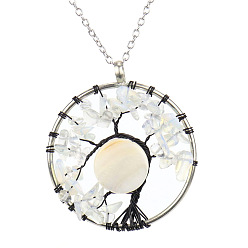 Opalite Opalite Chips Tree of Life Pendant Necklaces, Brass Wire Wrap Necklace with Alloy Chains, 20.47 inch(52cm)
