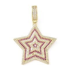 Фуксиновый Латунные микропаве прозрачные подвески с фианитом, звезда, без свинца и без кадмия, долговечный, стойки покрытие, реальный 18 k позолоченный, красно-фиолетовые, 33.5x32.5x4 мм, отверстие : 8.5x5 мм