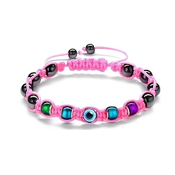 Pink Temperature Sensing Color Changing Necklace, Synthetic Magnetic Hematite Round Braided Bead Bracelet with Evil Eye for Women, Pink