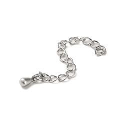 Real Platinum Plated Rack Plating Brass Curb Chain Extender, End Chains with Teardrop Drop, Real Platinum Plated, 56mm