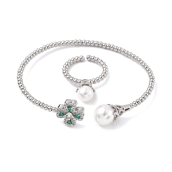 Морско-зеленый Комплекты колец и браслетов-манжет с клевером из латуни с микропаве из кубического циркония для женщин, с акриловой жемчужины, стойки покрытие, платина, цвета морской волны, браслет: 3~13ширина мм, внутренний диаметр: 63x54 мм