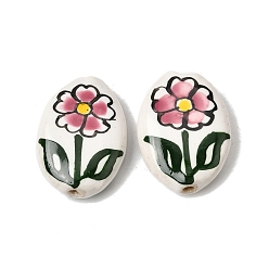 Красный Фарфоровые бусины ручной работы, овальные с цветком, пастельный фарфор, красные, 21~22.5x16~16.5x6~6.5 мм, отверстие : 1.5 мм