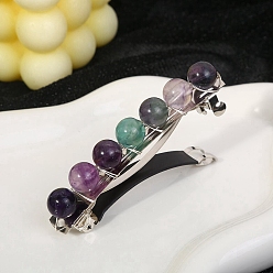 Fluorite Metal French Hair Barrettes, with Round Natural Fluorite Bead, Hair Accessories for Women Girl, 80x10x18mm