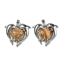 Пейзажный Джаспер Подвески в виде сердца из яшмы с натуральным изображением, латунные подвески в виде дельфинов, платина, без кадмия и без свинца, 29x32.5x8.5 мм, отверстие : 8x5 мм