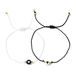 Black 2Pcs 2 Color Acrylic Heart & Glass Seed Braided Bead Bracelet Set, Adjustable Bracelets, Black and White, Inner Diameter: 3-1/4 inch(8.1cm), 1Pc/color
