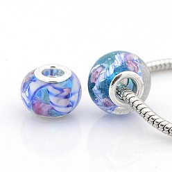 Colorful Handmade Lampwork European Large Hole Rondelle Beads, Inner Flower, with Silver Color Plated Brass Double Cores, Colorful, 14x10mm, Hole: 5mm