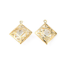 Golden Crystal Glass Rhinestone Pendants, with Iron Finding, Hollow Rhombus Charms, Golden, 24.5x21x8mm, Hole: 1.6mm