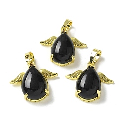 Обсидиан Природные подвески обсидиана, подвески-слезинки с золотистыми латунными крыльями, стойки покрытие, без кадмия и без свинца, 22.5x24.5x9 мм, отверстие : 7.5x4.5 мм