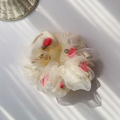 Off-white Floral Double-layer Ponytail Holder for Girls with Chiffon Large Intestine Hair Accessories.