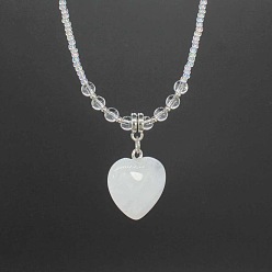 Quartz Crystal Natural Gemstone Heart Pendant Colorful Glass Seed Beads Beaded Necklaces for Women, Platinum, 17.72 inch(45cm)