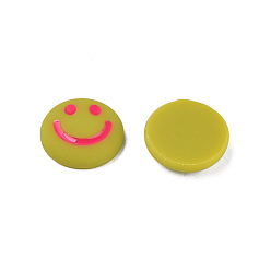 Kaki Foncé Cabochons en émail acrylique, plat rond avec motif de visage souriant, kaki foncé, 20x6.5mm