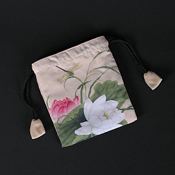 Linen Rectangle Chinese Style Cloth Jewelry Drawstring Gift Bags for Earrings, Bracelets, Necklaces Packaging, Lotus Pattern, Linen, 12x10cm