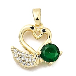 Зеленый Латунные микро проложить кубического циркония подвески, реальный 18 k позолоченный, лебедь прелести, зелёные, 14x15.5x4 мм, отверстие : 4x3 мм