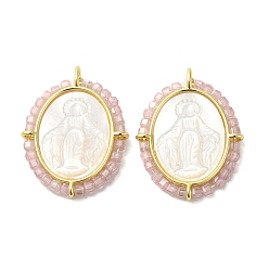 Бледно-Розовый Покрытие стойки латунь микро паве кубический цирконий и подвески в виде ракушек, долговечный, без кадмия и без свинца, реальный 18 k позолоченный, овал с подвесками в виде Девы Марии, розовый жемчуг, 29.5x22x3.7 мм, отверстие : 1.9 мм