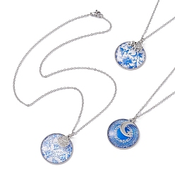 Mixed Shapes Steel Blue Glass Flat Round & Alloy Pendant Necklace, with 304 Stainless Steel Chains, Mixed Shapes, 18.35 inch(46.6cm)