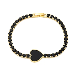 Черный Латунные браслеты-цепочки с микропаве из кубического циркония для женщин, сердце, cmолой, долговечный, без кадмия и без свинца, реальный 18 k позолоченный, чёрные, 7-1/2x1/8 дюйм (19x0.4 см)