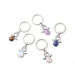 Mixed Stone Natural Gemstone Keychain Angel Pendant Keychain, with Iron Findings, 6.9cm