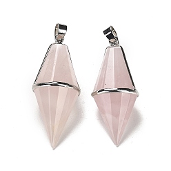 Rose Quartz Natural Rose Quartz Pointed Pendants, Faceted Bicone Bullet Charms with Rack Plating Platinum Plated Brass Findings, Cadmium Free & Lead Free, 42.5~43x17~18mm, Hole: 4x5.5mm