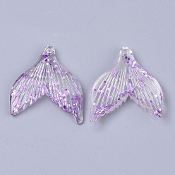 Blue Violet Transparent Resin Pendants, with Sequins/Paillette, Fishtail Shape, Blue Violet, 33x29x4.5mm, Hole: 1.6mm