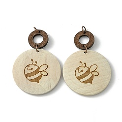 Bees Flat Round & Ring Poplar Wood Engrave Big Pendants, with Iron Jump Ring, Bees, 58.5x39.5x5mm, Hole: 5mm