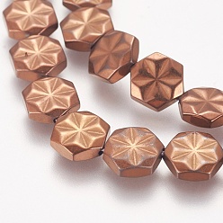Copper Plated Electroplated Non-magnetic Synthetic Hematite Beads Strands, Grade AA, Hexagon with Flower, Copper Plated, 9x8x2.5~3mm, Hole: 1mm, about 40pcs/strand, 15.7 inch(40cm)