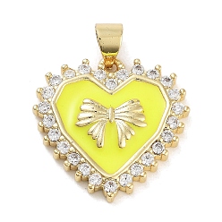 Желтый Стойка металлическая латунная микропрофилированная кубическая циркония подвески, с эмалью, долговечный, без свинца и без кадмия, реальный 18 k позолоченный, сердце с бантом, желтые, 20.5x20x3.5 мм, отверстие : 5x3.5 мм