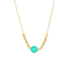 Aquamarine Stainless Steel Pendant Necklace for Women, Round & Cube, Golden, Aquamarine, 15-3/4 inch(40cm)