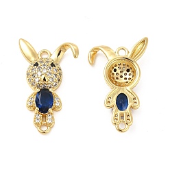 Dark Blue Rack Plating Brass Micro Pave Clear Cubic Zirconia Connector Charms, Rabbit Links, with Faceted Glass, Cadmium Free & Lead Free, Real 18K Gold Plated, Dark Blue, 28x17x4.5mm, Hole: 1.8mm