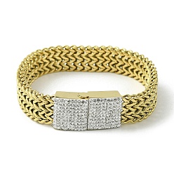 Golden 304 Stainless Steel Mesh Chain Bracelet with Cubic Zirconia Rectangle Magnetic Clasps, Golden, 7-1/2 inch(19.1cm), Wide: 12mm