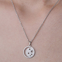 Stainless Steel Color 201 Stainless Steel Moon with Star Pendant Necklace, Stainless Steel Color, 17.72 inch(45cm)