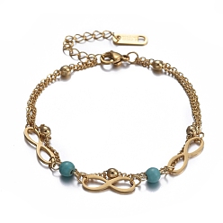Golden 304 Stainless Steel Multi-strand Bracelets, with Synthetic Turquoise Beads and Lobster Claw Clasps, Infinity, Golden, 6-1/2 inch(16.5cm)