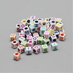 Mixed Color Opaque European Style Acrylic Beads, Horizontal Hole, Cube with Letters, Mixed Color, 9.5~10x9~10x9~10mm, Hole: 4mm, about 550pcs/500g