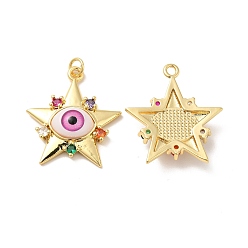 Hot Pink Brass Micro Pave Colorful Cubic Zirconia Pendants, with Resin, Real 18K Gold Plated, Star with Evil Eye, Hot Pink, 32x29.5x7mm, Jump Ring: 6x1mm, Inner Diameter: 4mm