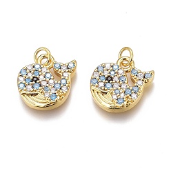 Real 18K Gold Plated Brass Micro Pave Clear & Sky Blue Cubic Zirconia Charms, with Jump Rings, Long-Lasting Plated, Whale Shape, Real 18K Gold Plated, 12x12.5x3mm, Hole: 2mm