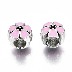 Pink Эмали сплава Европейский бисером, бусины с большим отверстием, без кадмия и без свинца, античное серебро, цветок, розовые, 10x10x10 мм, отверстие : 4.5 мм