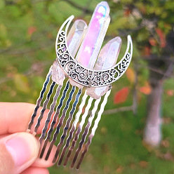 Clear Natural Crystal Quartz Hair Combs, with Metal Finding, for Women, Moon, Clear, 70x35mm