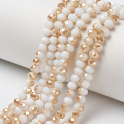 White Electroplate Opaque Solid Color Glass Beads Strands, Half Plated, Rainbow Plated, Faceted, Rondelle, White, 4x3mm, Hole: 0.4mm, about 123~127pcs/strand, 16.5~16.9 inch(42~43cm)