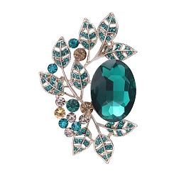 Green Alloy Brooches, Rhinestone Pin, Jewely for Women, Oval with Leaf, Green, 70x46mm