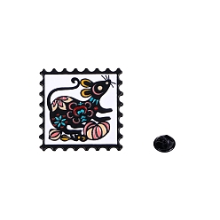 Mouse Chinese Style Alloy Enamel Pins, Square Stamp Brooch, Zodiac Sign Badge for Clothes Backpack, Mouse, 30x30mm