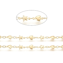Real 18K Gold Plated Brass Link Chain, Long-Lasting Plated, Soldered, with Spool, Star and Heart, Real 18K Gold Plated, 3.5x3x0.5mm, Star: 10.5x6x2mm, Heart: 10x5.5x2mm, about 32.8 Feet(10m)/roll