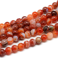 FireBrick Natural Striped Agate/Banded Agate Bead Strands, Dyed, Round, FireBrick, 4mm, Hole: 1mm, about 96pcs/strand, 14.56 inch