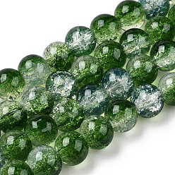 Green Transparent Crackle Baking Painted Glass Beads Strands, Imitation Opalite, Round, Green, 8.5x7.5mm, Hole: 1.5mm, about 107~109pcs/strand, 30.71 inch~31.30 inch(78~79.5cm)