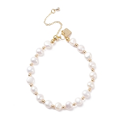 Floral White Natural Pearl Beaded Bracelet with Word Good Luck Brass Charm for Women, Floral White, Inner Diameter: 2-1/4~2-5/8 inch(5.6~6.7cm)