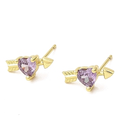 Lilac Heart with Arrow Real 18K Gold Plated Brass Stud Earrings, with Clear Cubic Zirconia, Long-Lasting Plated, Lead Free & Cadmium Free, Lilac, 6x13mm