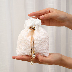 Linen Fiber Embossed Flower Drawstring Candy Bags, with Chain, Wedding Candy Cloth Pouches, Square, Linen, 15x15cm