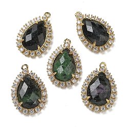 Рубин В Цоизита Подвески из натурального рубина в ограненном цоизите в форме капли, подвески-капли из латуни с микропаве из прозрачного кубического циркония, золотые, 25x16.5x5.5 мм, отверстие : 1.4 мм