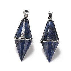 Lapis Lazuli Natural Lapis Lazuli Pointed Pendants, Faceted Bicone Bullet Charms with Rack Plating Platinum Plated Brass Findings, Cadmium Free & Lead Free, 42.5~43x17~18mm, Hole: 4x5.5mm