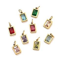 Mixed Color Vacuum Plating 304 Stainless Steel Pendants, with Cubic Zirconia and Jump Rings, Single Stone Charms, Rectangle, Golden, Mixed Color, 9.5x6x3mm, Hole: 3.6mm